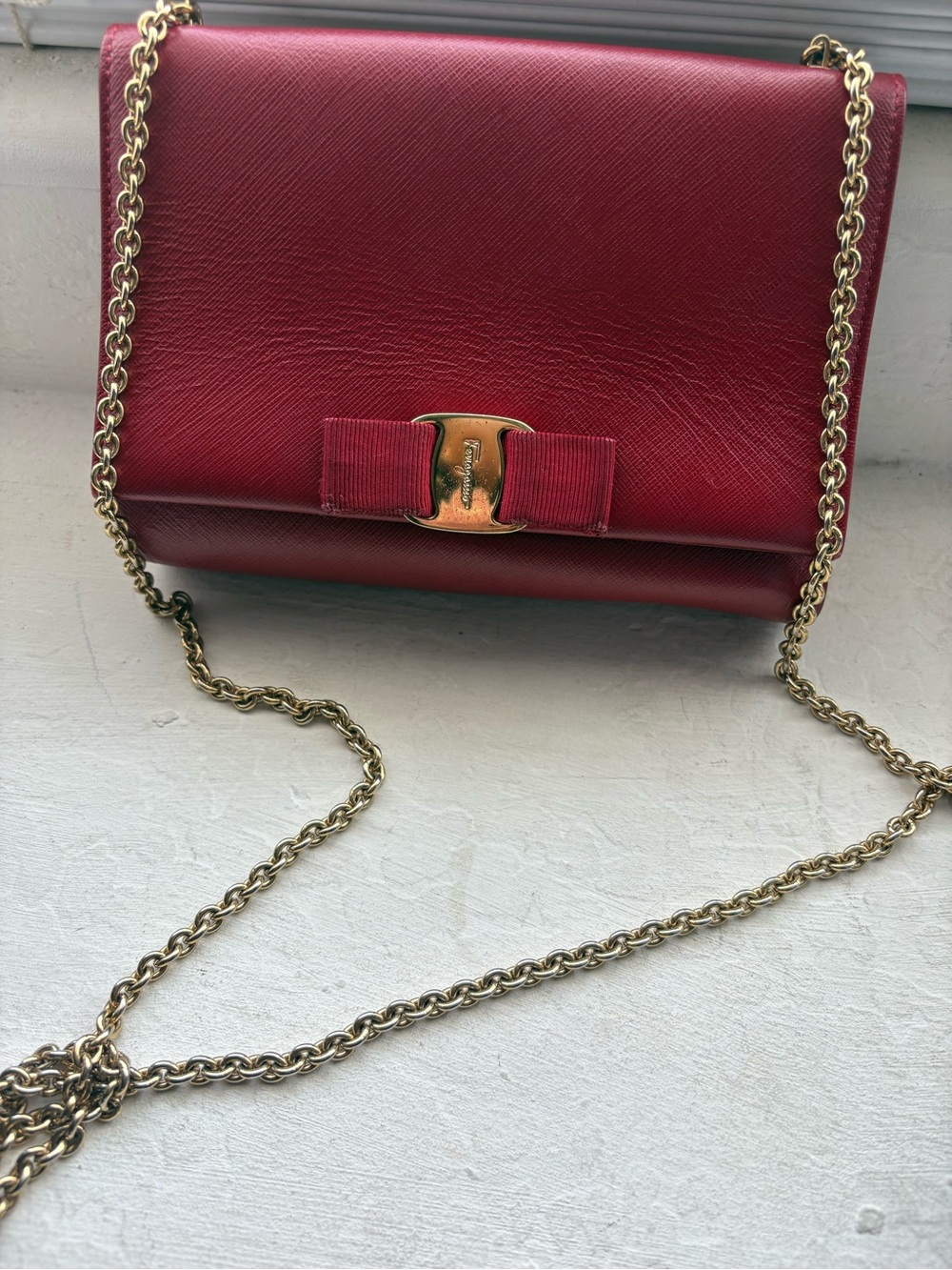 Salvatore Ferragamo Burgundy Leather Vara Bow Chain Crossbody
